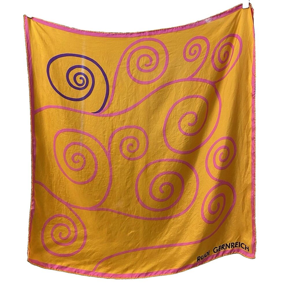 VTG Rudi Gernreich Swirl Silk Scarf Square 30x30 Mod 60s Orange Pink Designer